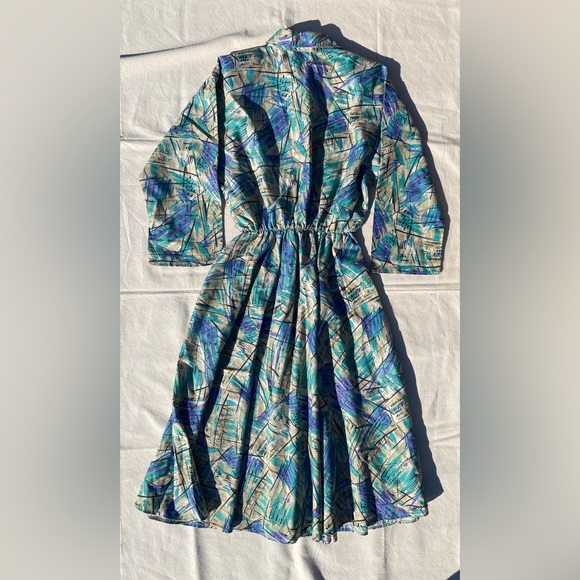 Caliche All Over Print Dress Vintage 80s 3/4 Sleeve Pockets Collared Funky - Picture 12 of 14